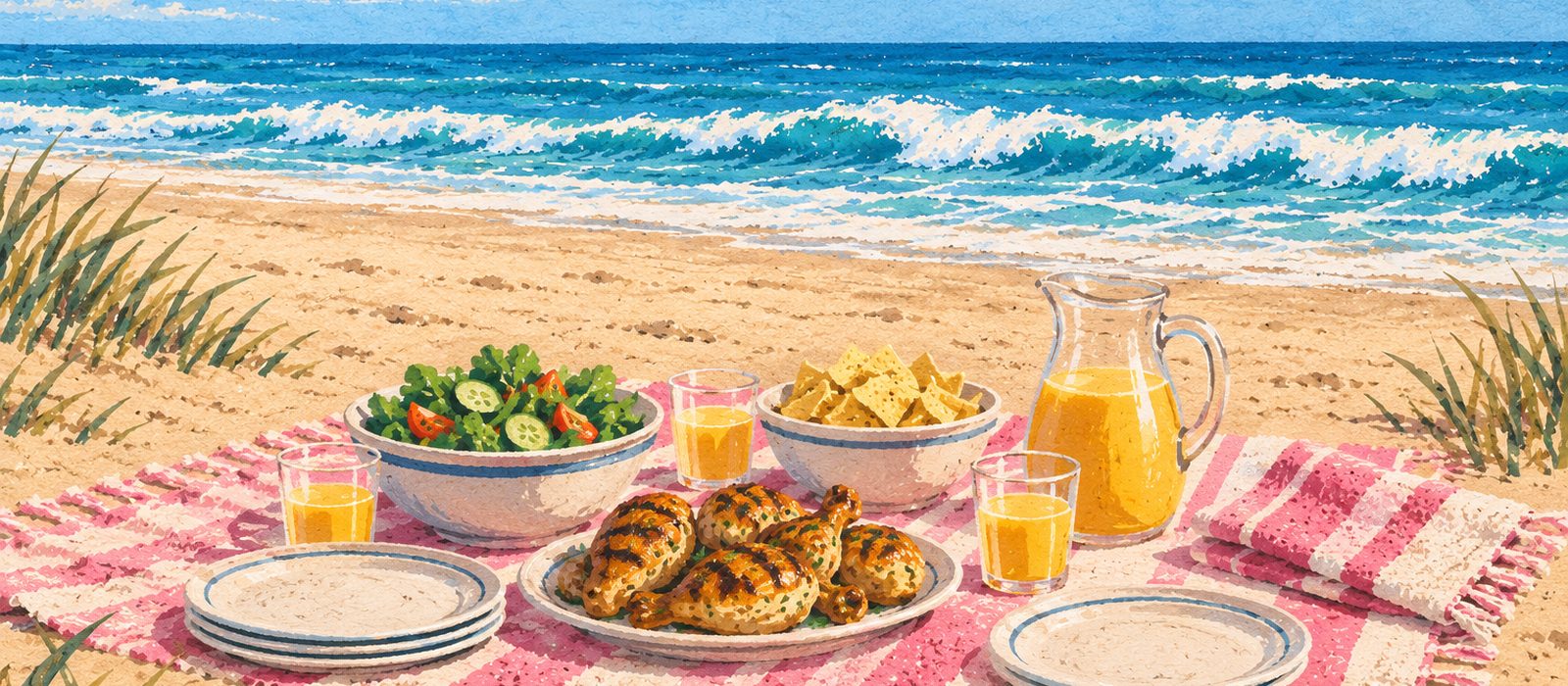 Illustration of a family beach picnic on the South Coast